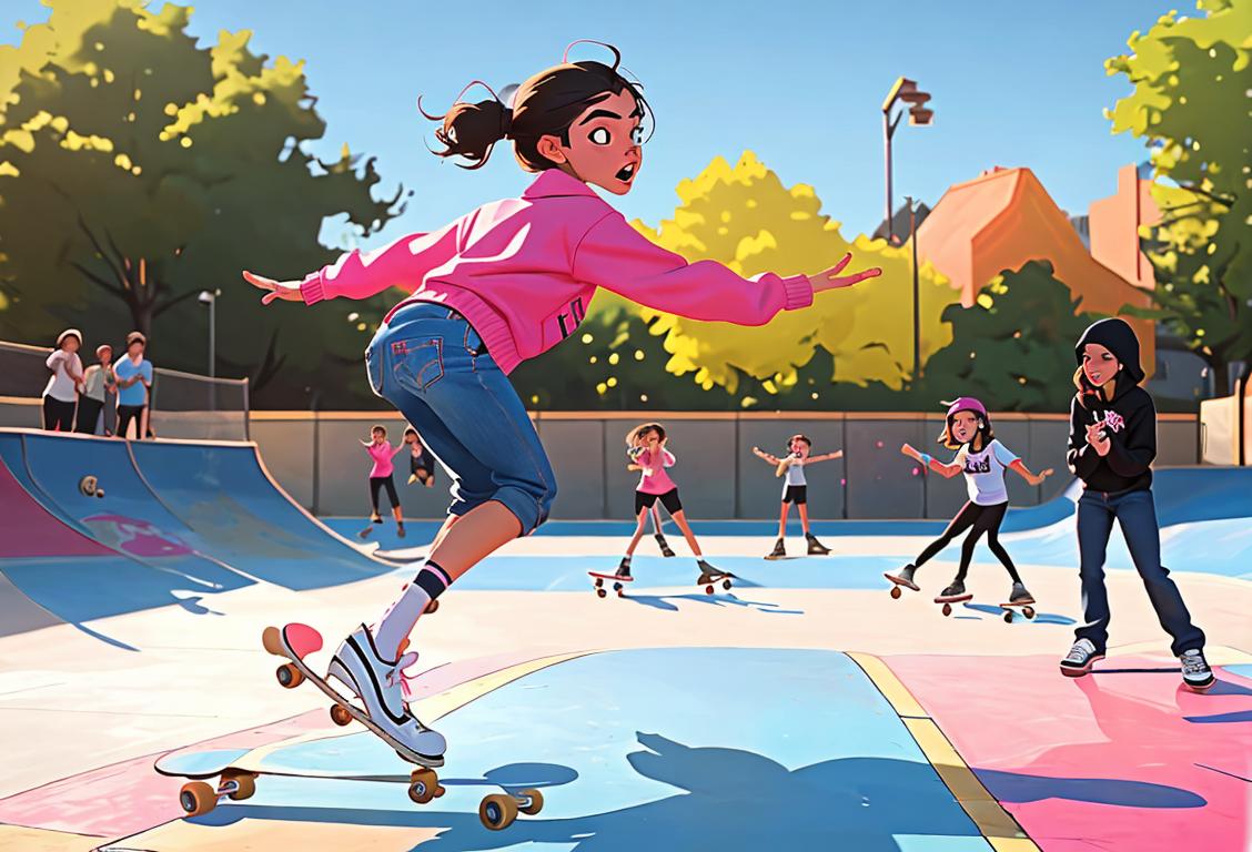 Teenage girl in skateboarding attire, performing tricks on a vibrant urban skatepark surrounded by cheering friends..