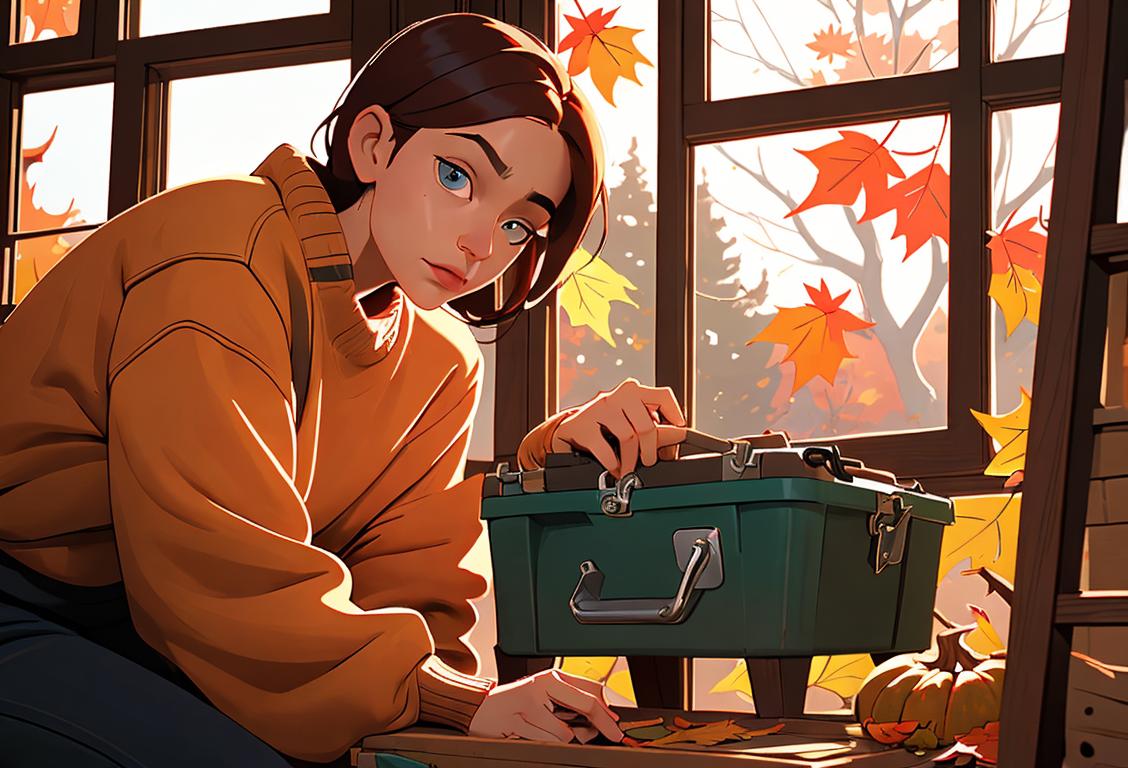 A person holding a toolbox, wearing a cozy sweater, repairing a window, surrounded by autumn leaves..