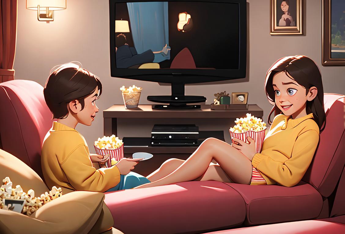 A family sitting together on a cozy couch, watching their favorite TV show, surrounded by popcorn and laughter..