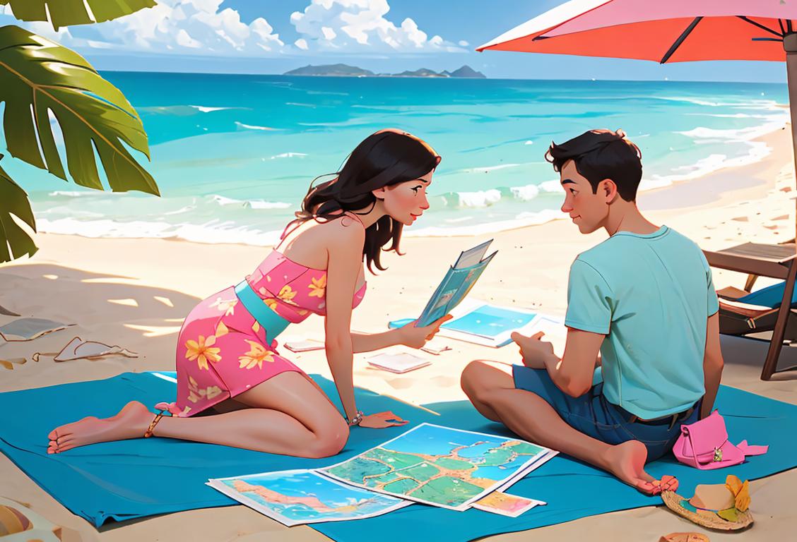 Young couple sitting on a tropical beach, wearing summer outfits, with a map and travel books spread out in front of them..
