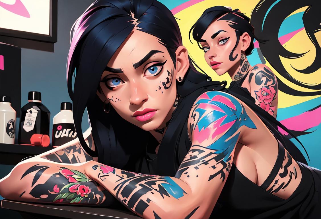 Young tattoo artist with vibrant tattoos, wearing trendy street fashion, working in a bustling tattoo parlor..