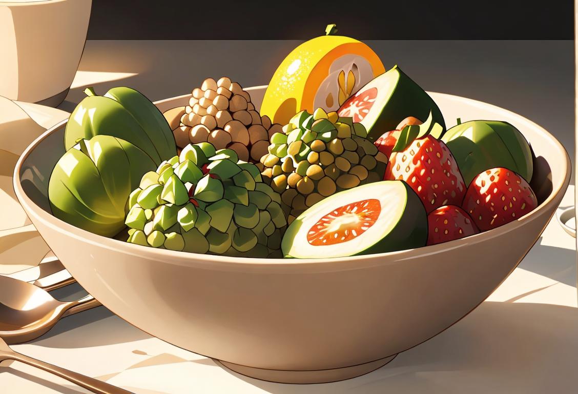 A health-conscious individual holding a bowl filled with chia seeds, surrounded by fresh fruits and vegetables. Light and serene kitchen setting..