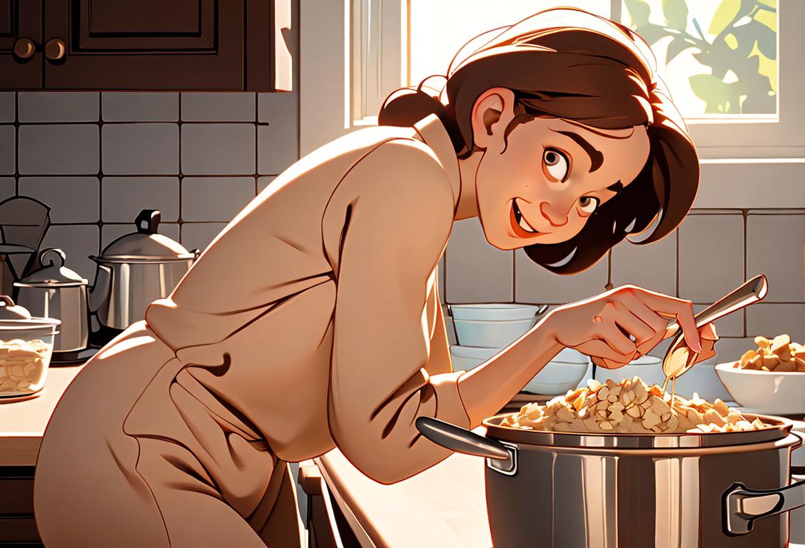 A happy person stirring a pot of oatmeal, wearing cozy pajamas, in a kitchen filled with the warm aroma of cinnamon and nutmeg..