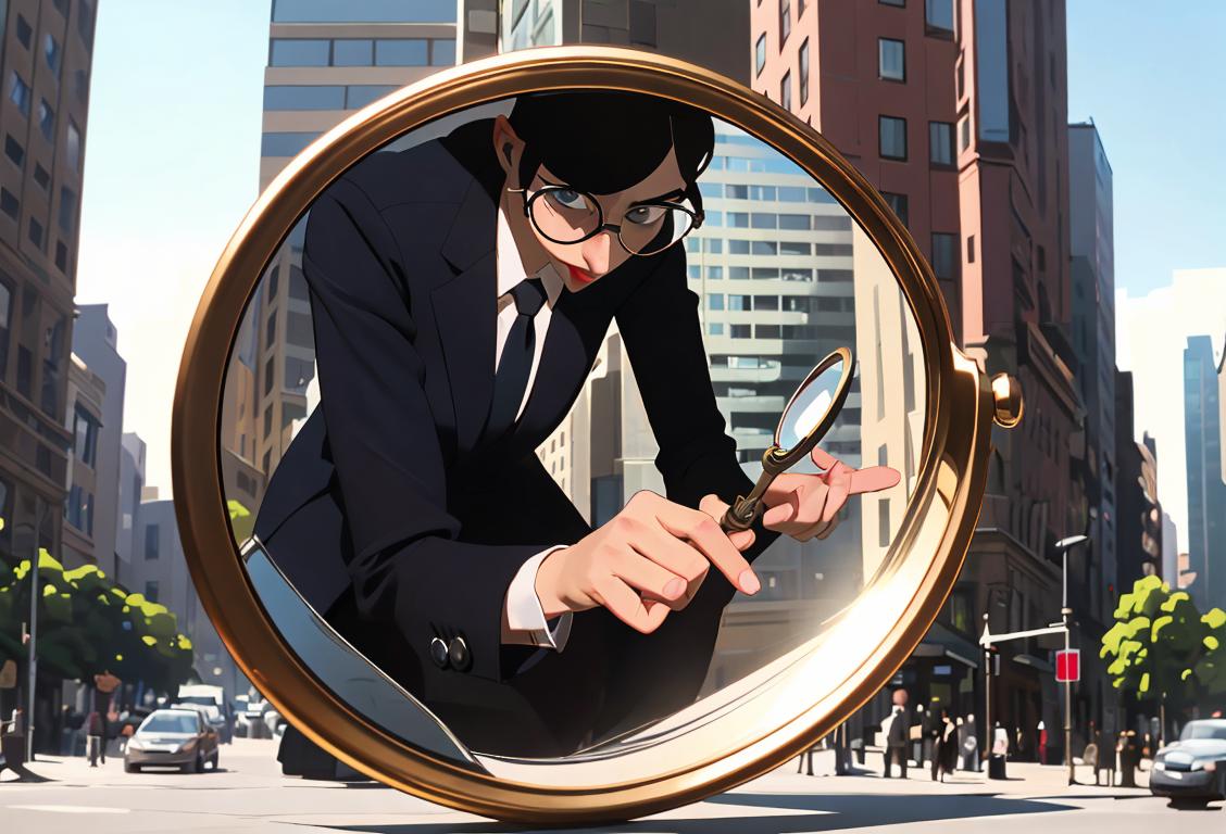 A person dressed in professional attire, holding a magnifying glass, in a bustling city setting.