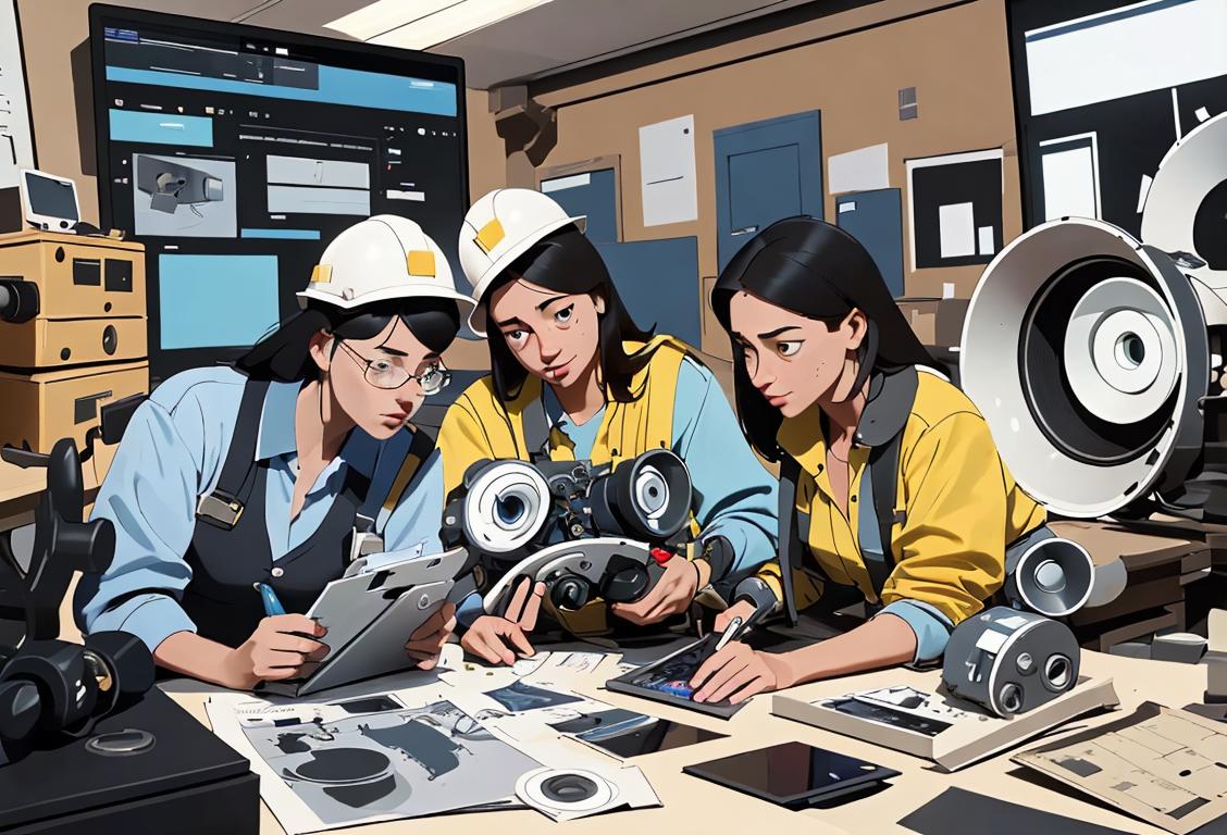 A diverse group of engineers, dressed in professional attire, collaboratively working on blueprints, surrounded by high-tech gadgets and equipment..