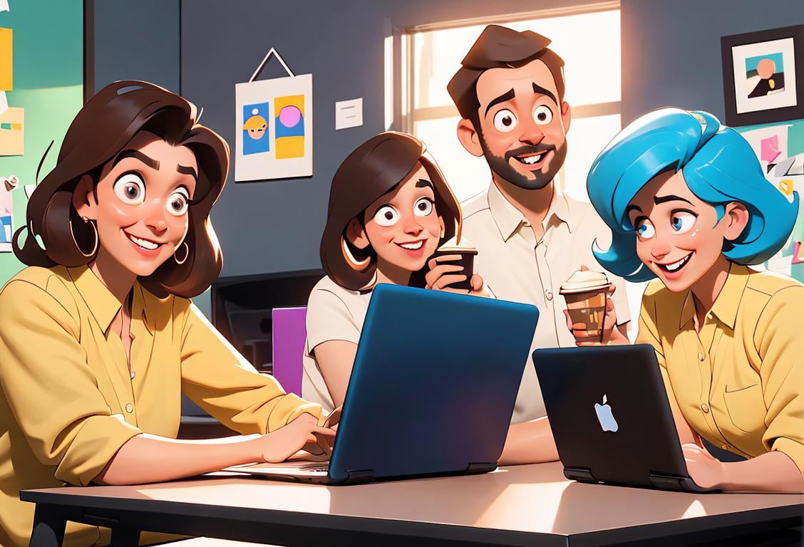 A group of office workers in casual attire enjoying a mid-week break, with smiles on their faces and a sense of camaraderie. Some are holding coffee cups and others are sharing a funny meme on a laptop. The scene is set in a vibrant office with colorful decorations. Each person has added their personal touch, like a small plant or a motivational quote poster. The clothing styles range from comfy sweaters to graphic tees and jeans. It's a celebration of Hump Day, where colleagues come together to recharge and encourage each other. .