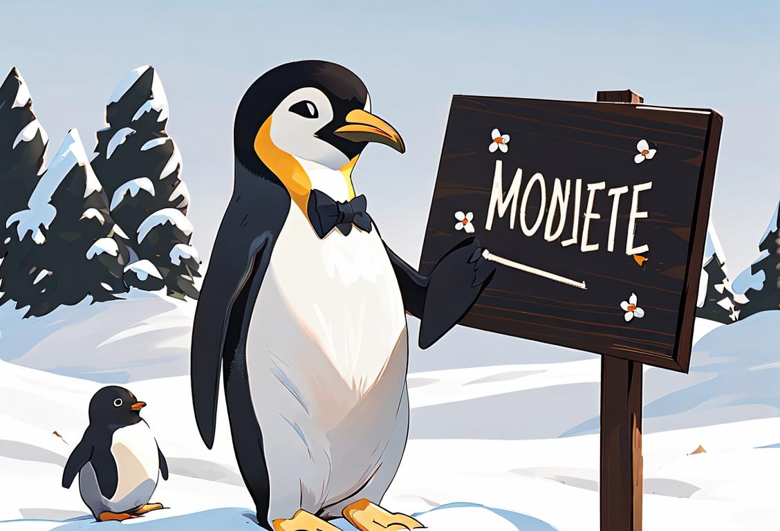 An adorable penguin wearing a bowtie and holding a sign that says 'Penguin Awareness Day' amidst a snowy backdrop..