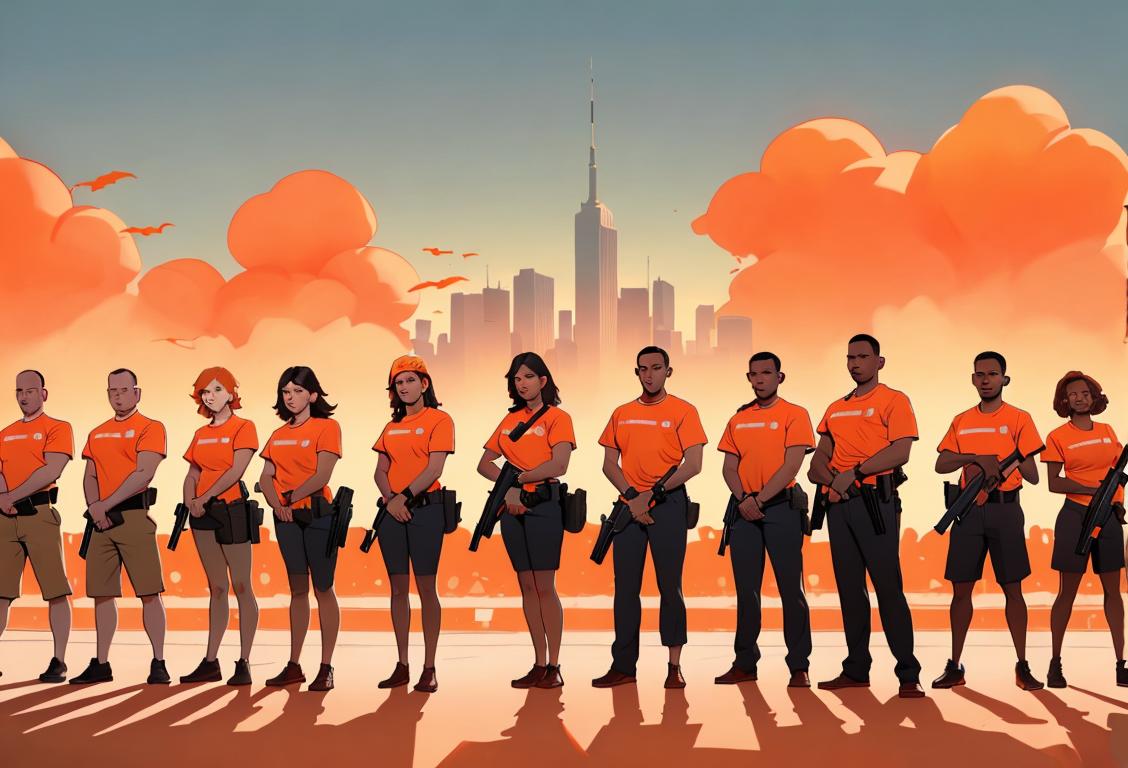 A diverse group of people wearing orange shirts, standing in front of a peaceful cityscape, raising awareness about gun violence prevention..