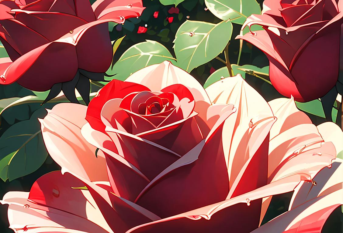 Close-up image of a vibrant red rose, with a gentle raindrop resting on one of its petals. A couple in a park, wearing elegant attire, basking in the beauty of the roses..