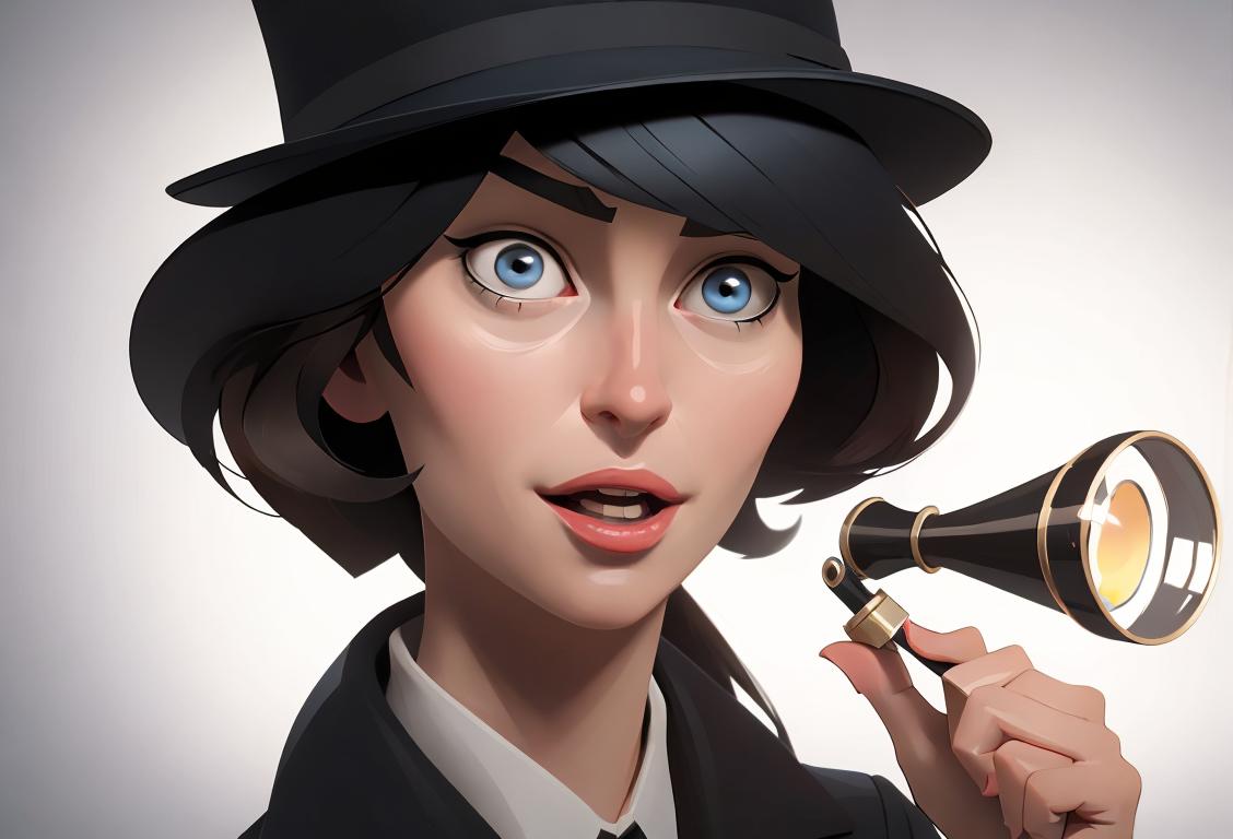 Cheerful woman, wearing a detective hat, investigating a seemingly innocent online message with a magnifying glass, tech-filled background..