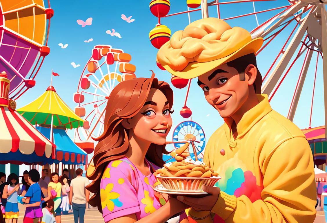 Happy family at a carnival enjoying a funnel cake, wearing colorful clothing, carnival atmosphere with Ferris wheel in the background..