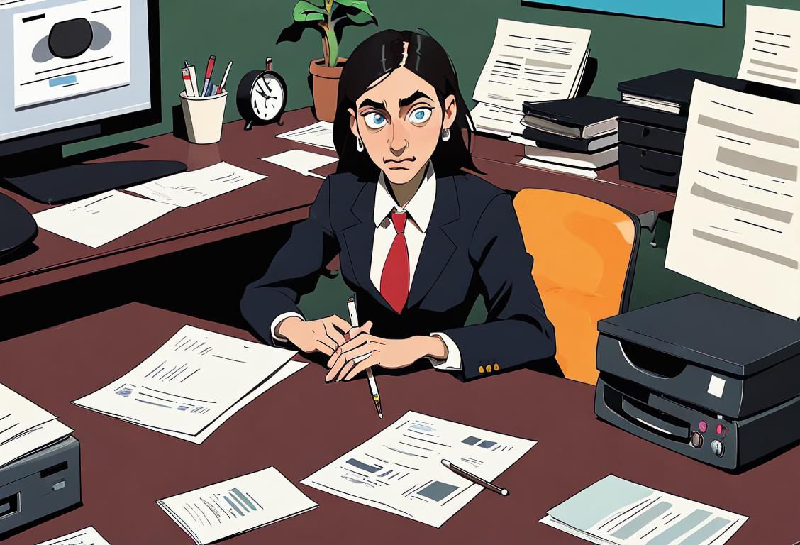 Surprised office worker in business attire sitting at a desk with a computer, surrounded by drug testing kits and unemployment paperwork..