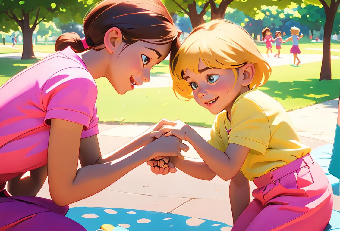 Children playing in a sunny park, dressed in colorful summer outfits, surrounded by happy parents and guardians..