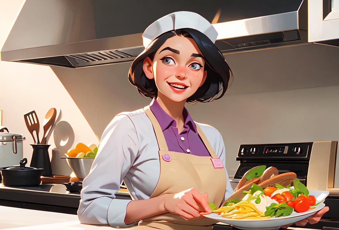 A joyful, young woman in a chef hat, apron, and healthy vibrant food ingredients surrounding her, kitchen setting..