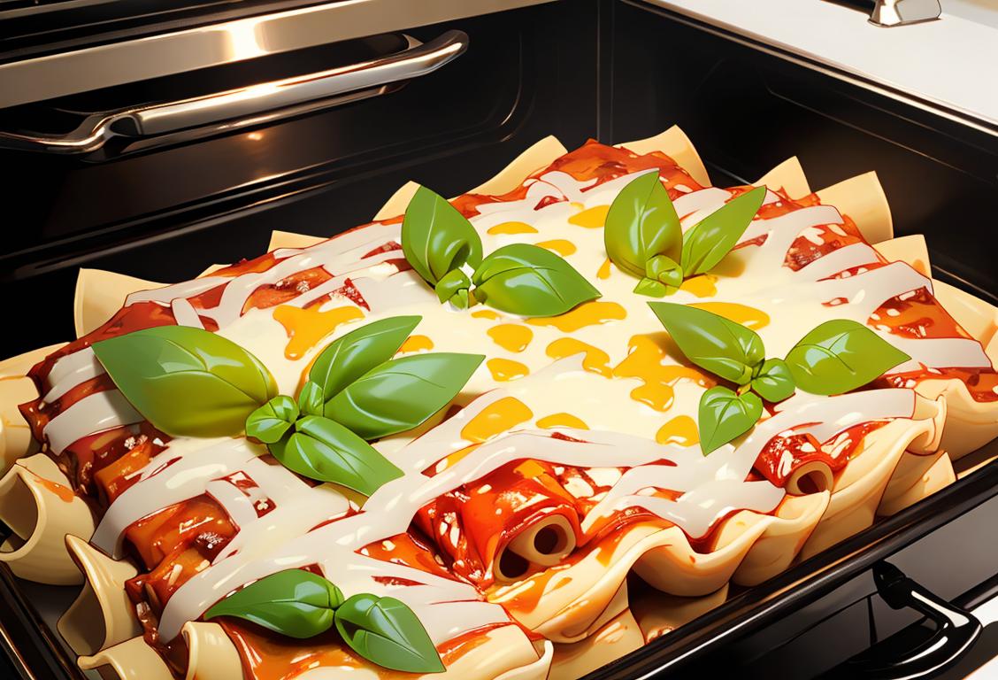 Cheesy lasagna bubbling out of a vintage oven, with hints of fresh basil and oregano, surrounded by an Italian family dinner scene..