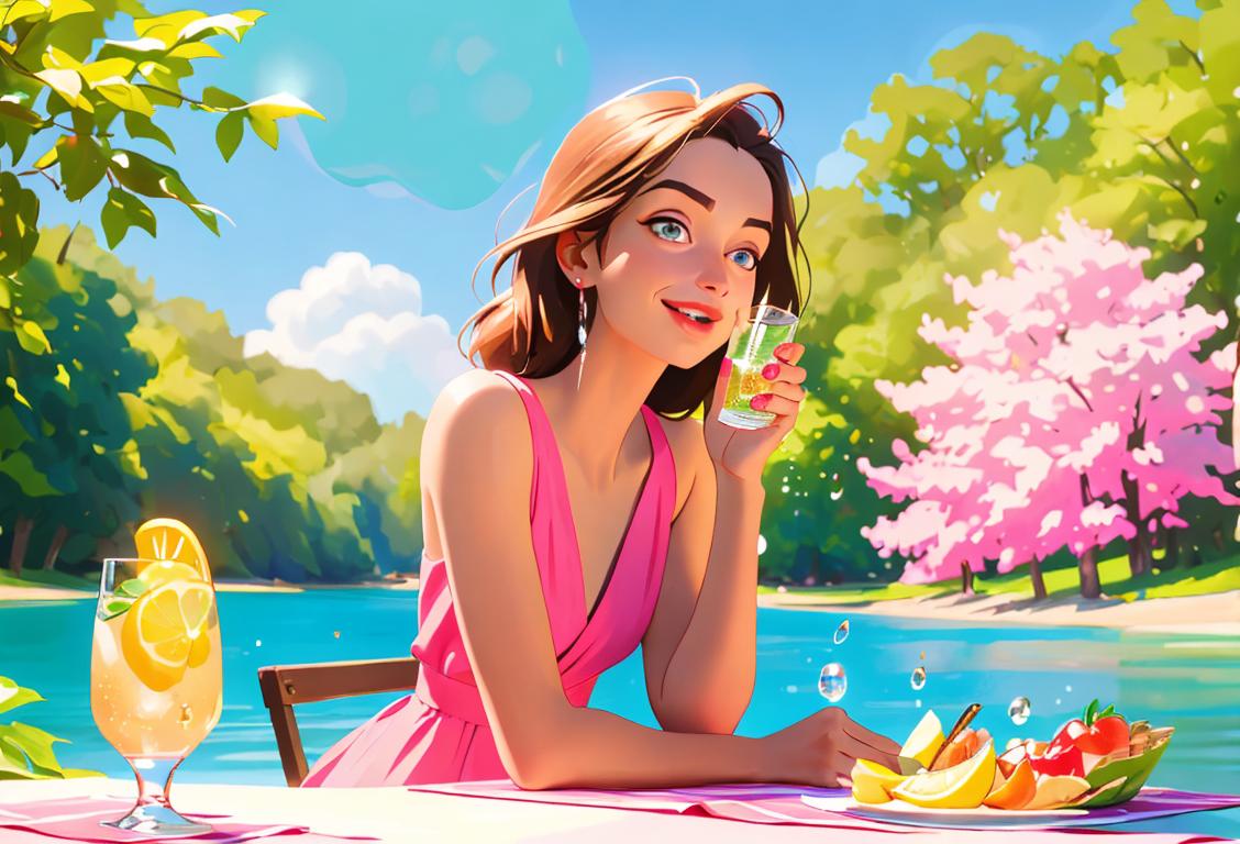 A person joyfully sipping sparkling water outdoors, wearing a colorful summer outfit, with a picnic setting and vibrant nature backdrop..