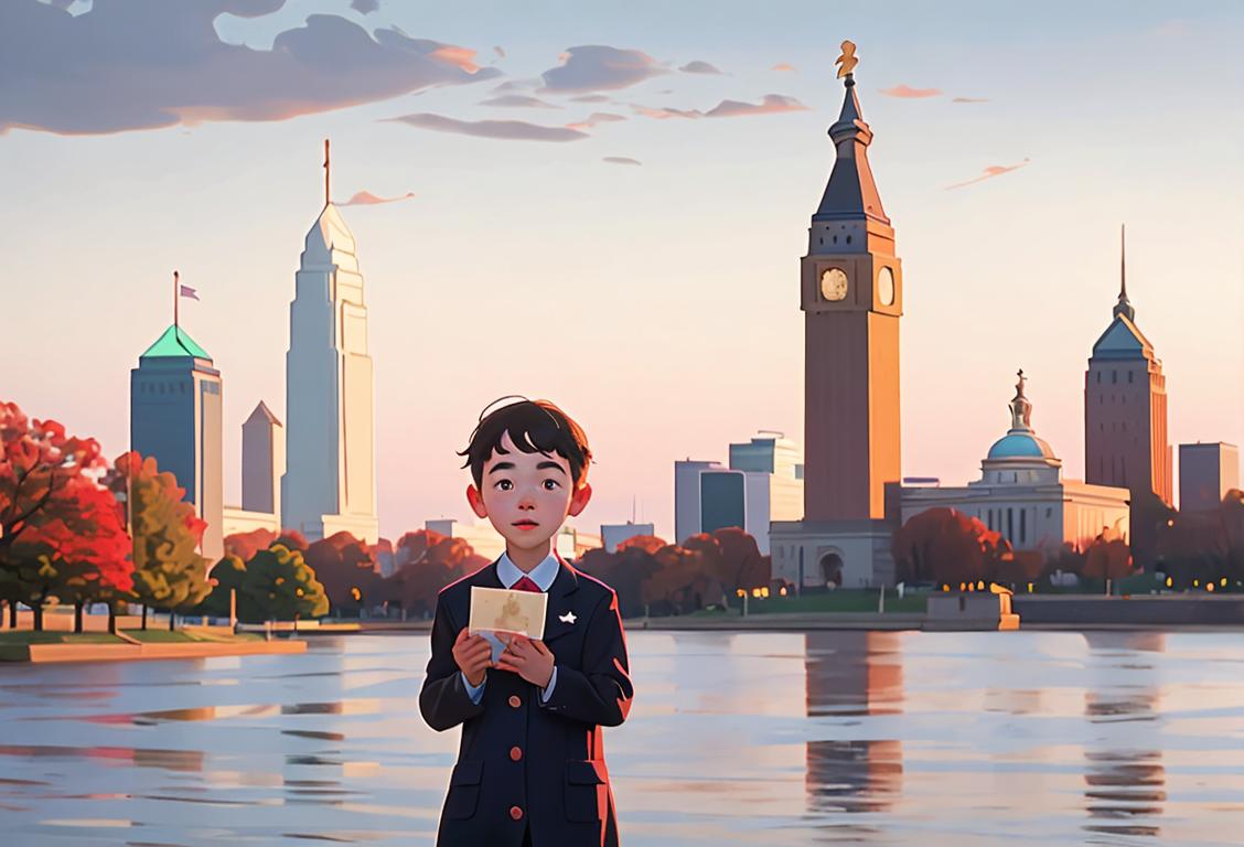 Young child holding a copy of the Constitution, wearing patriotic attire, in front of the National Constitution Center, Philadelphia skyline in background..