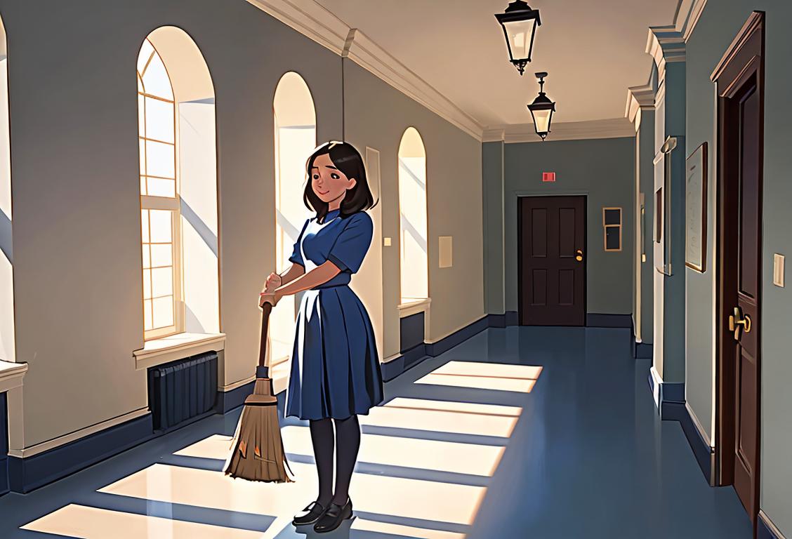 A custodian in a blue uniform, holding a broom, in a bright and tidy school hallway with students happily learning in the background..