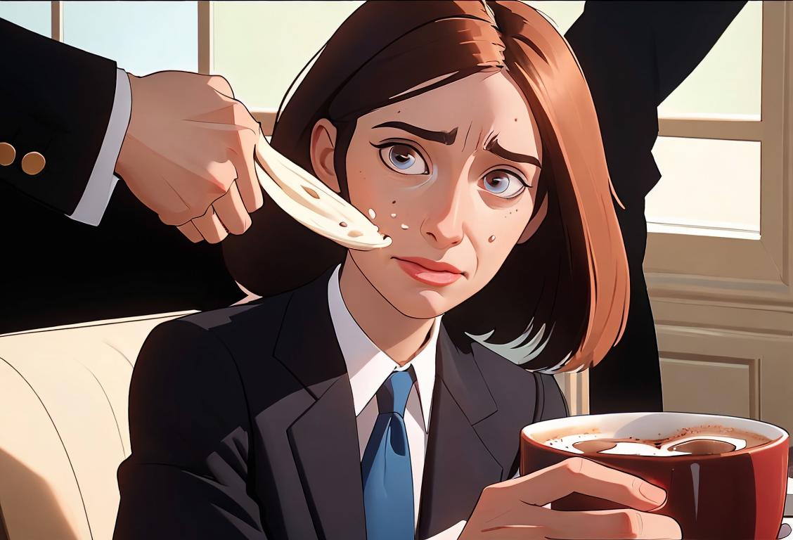 A person in business attire, spilling coffee on themselves while attempting to shake hands with someone, causing a moment of collective sympathy..
