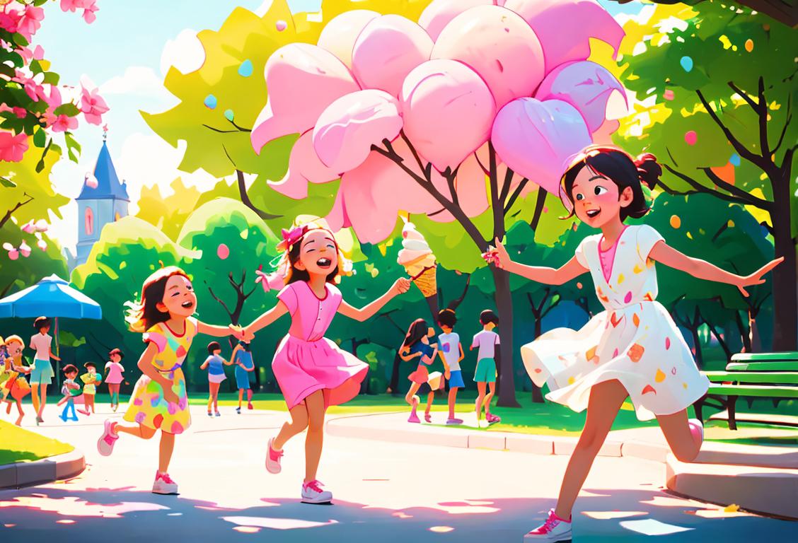 Joyful kids with ice cream cones, wearing colorful summer clothes, playing in a vibrant park..