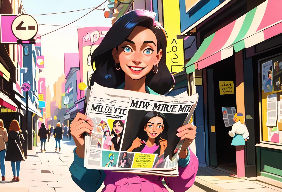 Young woman holding a newspaper with a smile, wearing a colorful outfit, in a busy urban street setting..