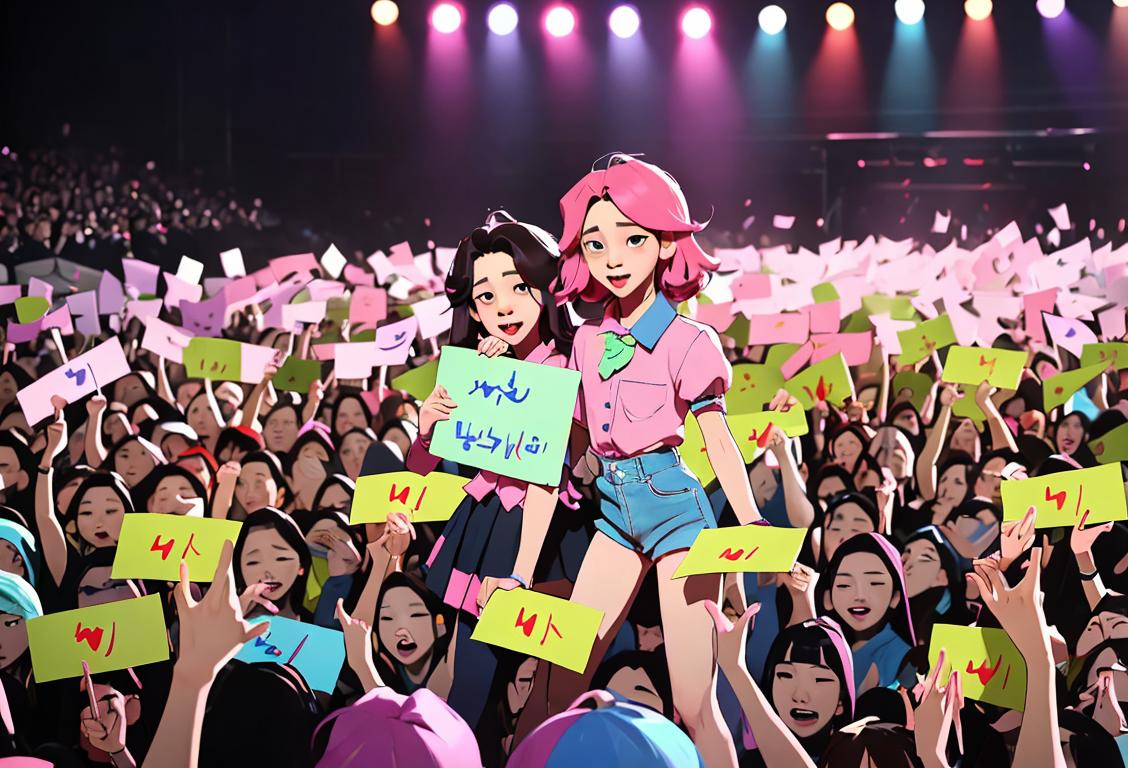 Young fans holding signs with Taehyun's name, wearing colorful outfits and dancing in a crowded K-pop concert..