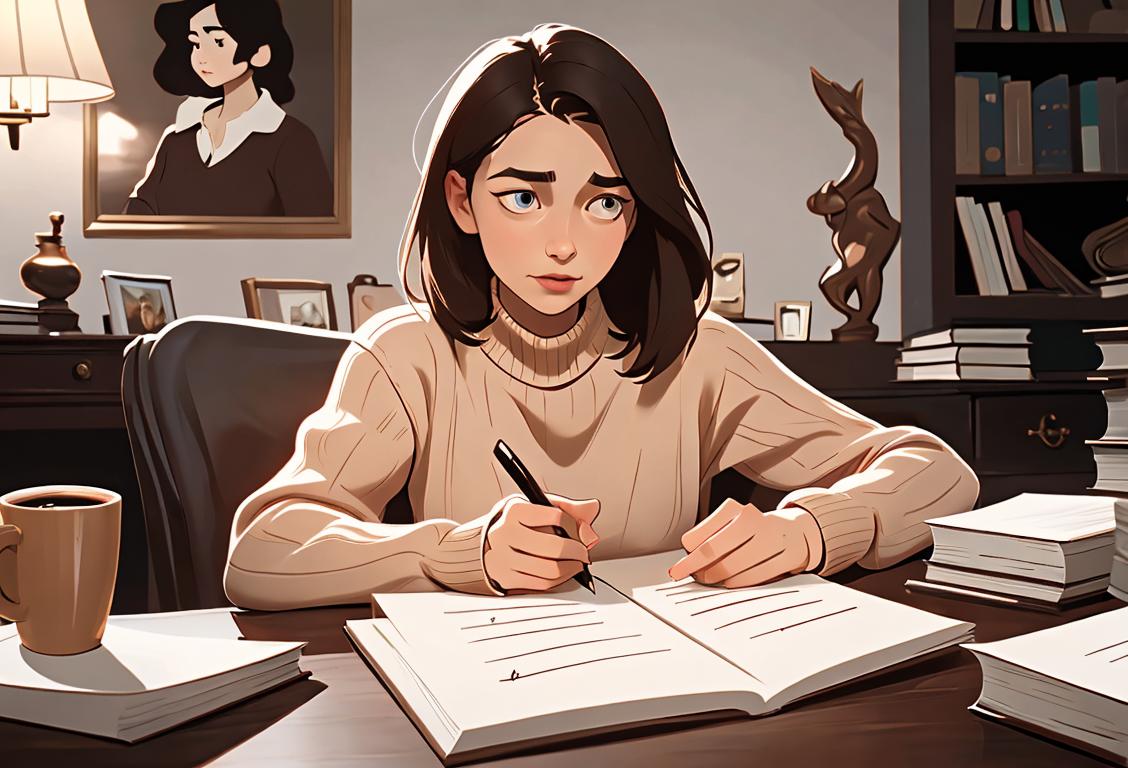 A young woman holding a pen and paper, wearing a cozy sweater, surrounded by books and a cup of coffee, celebrating National Write a Book Day..