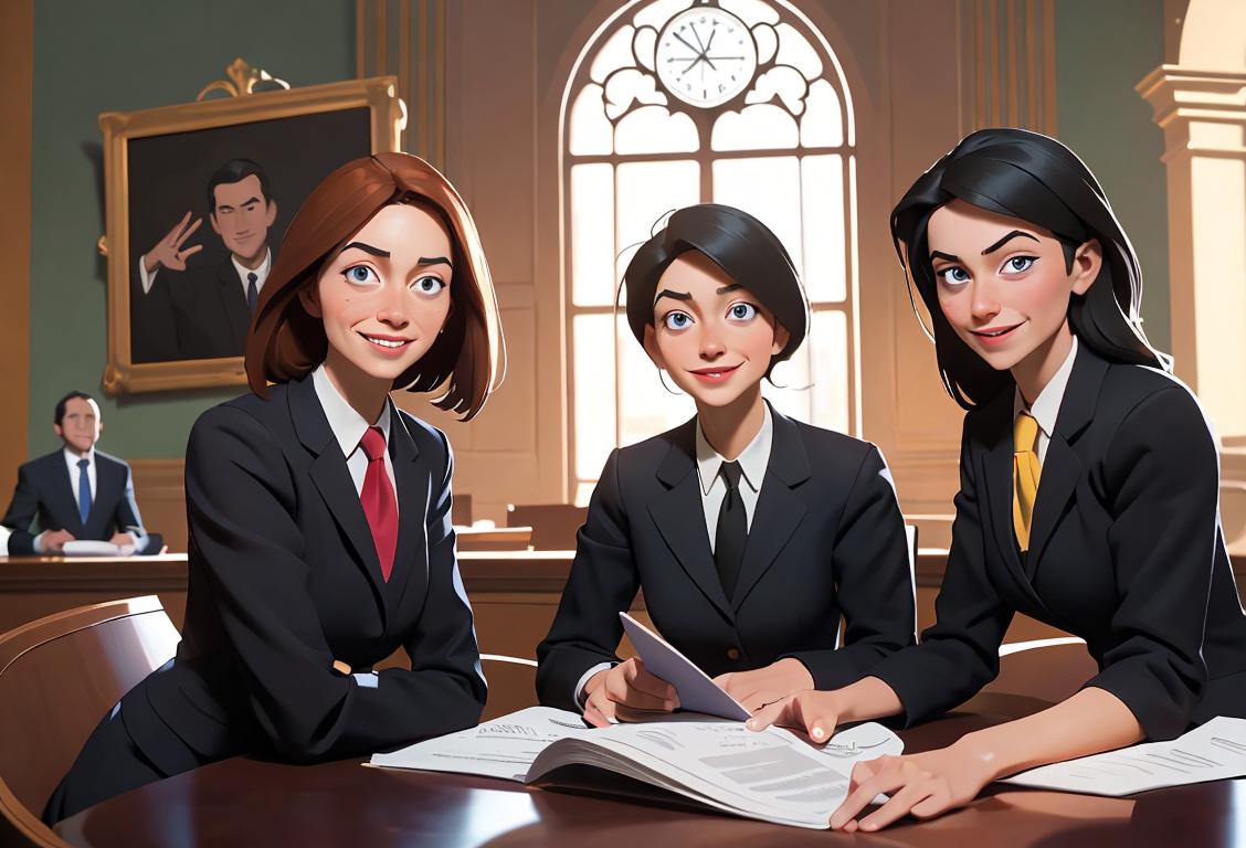 A group of lawyers in business attire, smiling and posing together, with a courthouse backdrop and a variety of law-related props..