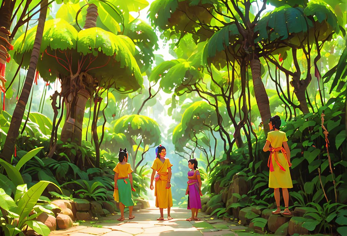 Group of people dressed in colorful myan garments, exploring an ancient myan city, surrounded by lush green rainforest..