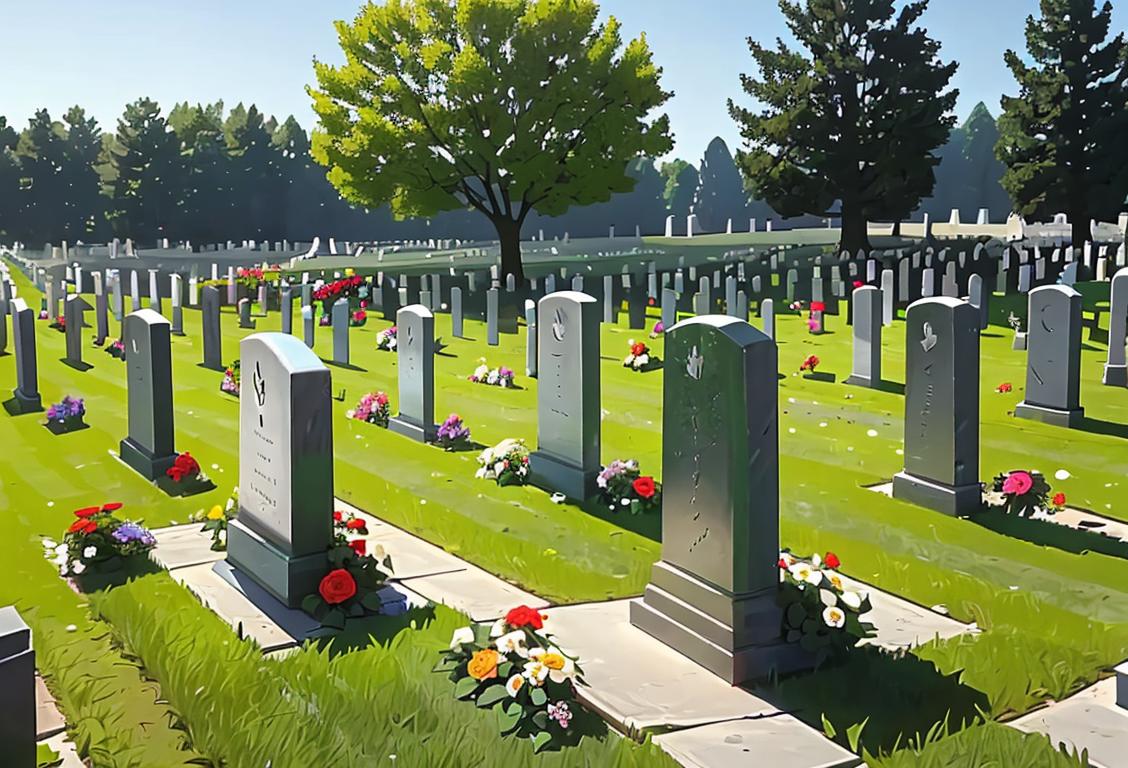 Group of people placing flowers on tombstones in a peaceful and serene national cemetery. Military personnel in uniform paying respects..