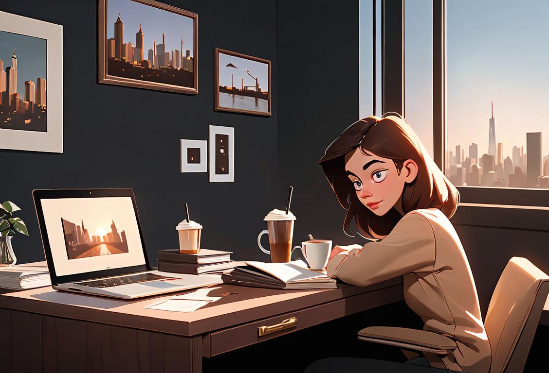 A young freelancer typing away on a laptop, surrounded by stacks of papers and coffee cups, in a cozy home office with a view of the city skyline..