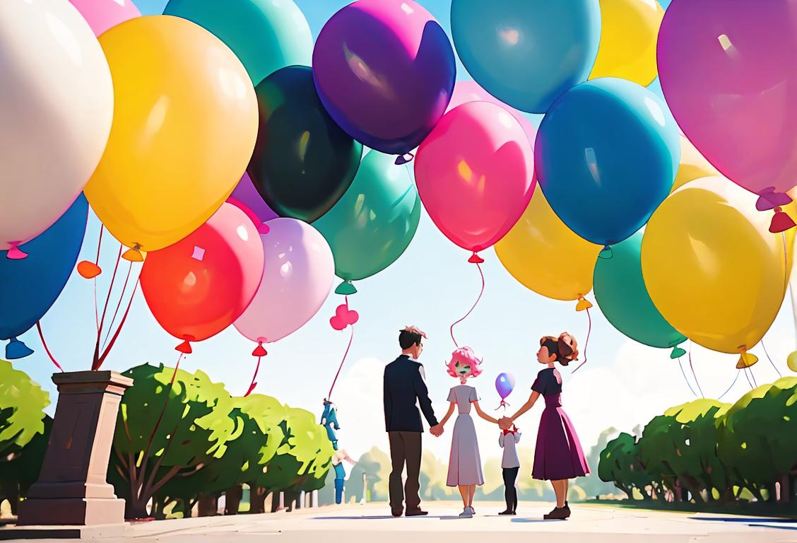 A group of diverse individuals standing together, holding hands, against a backdrop of colorful balloons in a park..
