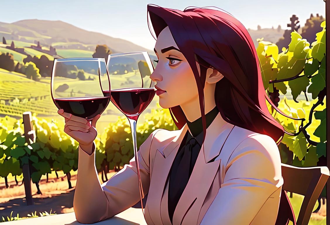 A person tastefully holding a wine glass, with a beautiful vineyard in the background, wearing a classy outfit..