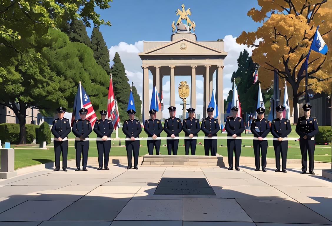 A group of police officers standing solemnly in front of a beautifully adorned memorial. Badges glistening, flags waving, in pure dedication to National Police Memorial Day..