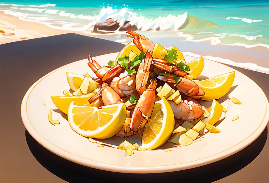 Plate of golden French fried shrimp, served with a side of lemon wedges and a tropical beach setting..