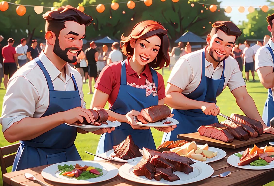 A group of people gathered around a barbecue, smiling and enjoying a mouthwatering brisket feast, all wearing festive aprons and summer apparel..