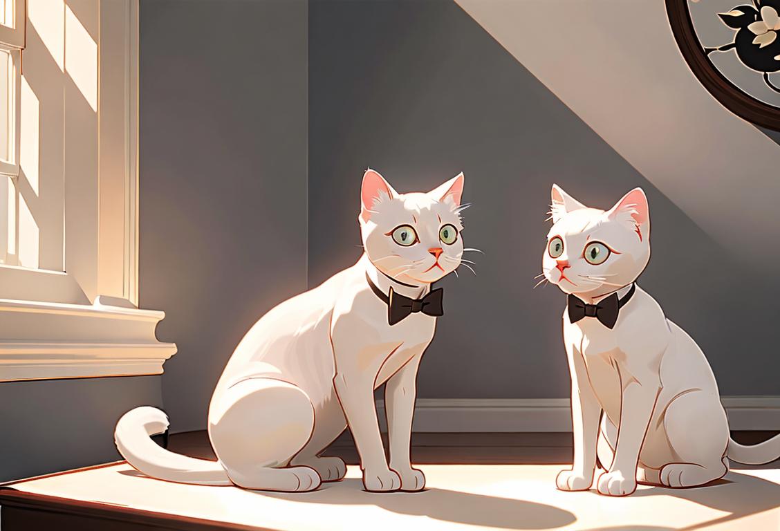 Adorable white cat sitting on a windowsill, with sunlight streaming in, wearing an elegant bow tie, fancy living room decor..