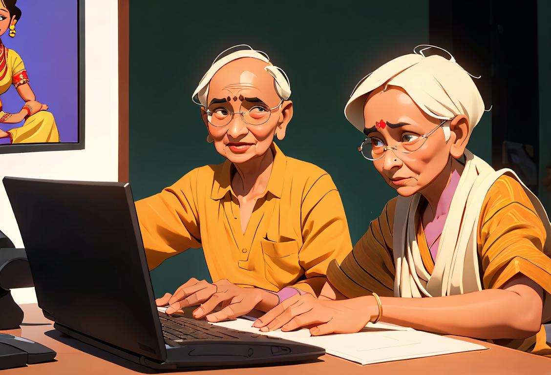 A diverse group of people of all ages, dressed in traditional Indian attire, learning computer skills together in a vibrant community center..