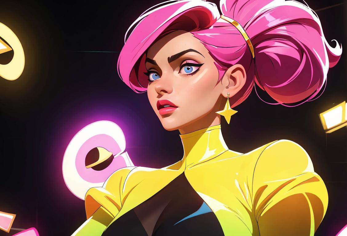 Young woman looking glamorous in a fabulous outfit, striking a pose in a colorful fashion show, with a backdrop of flashing lights and cheering crowd..