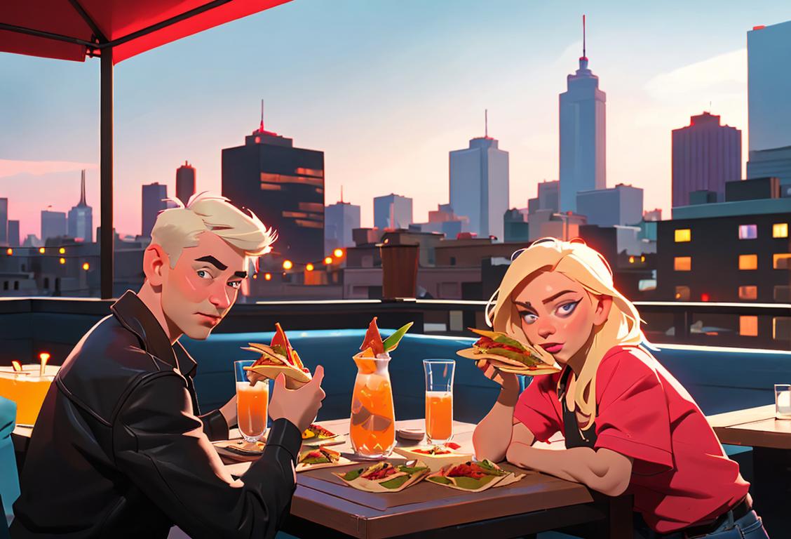 A group of friends enjoying vodka-infused tacos at a vibrant rooftop bar, wearing trendy outfits, against a city skyline backdrop..