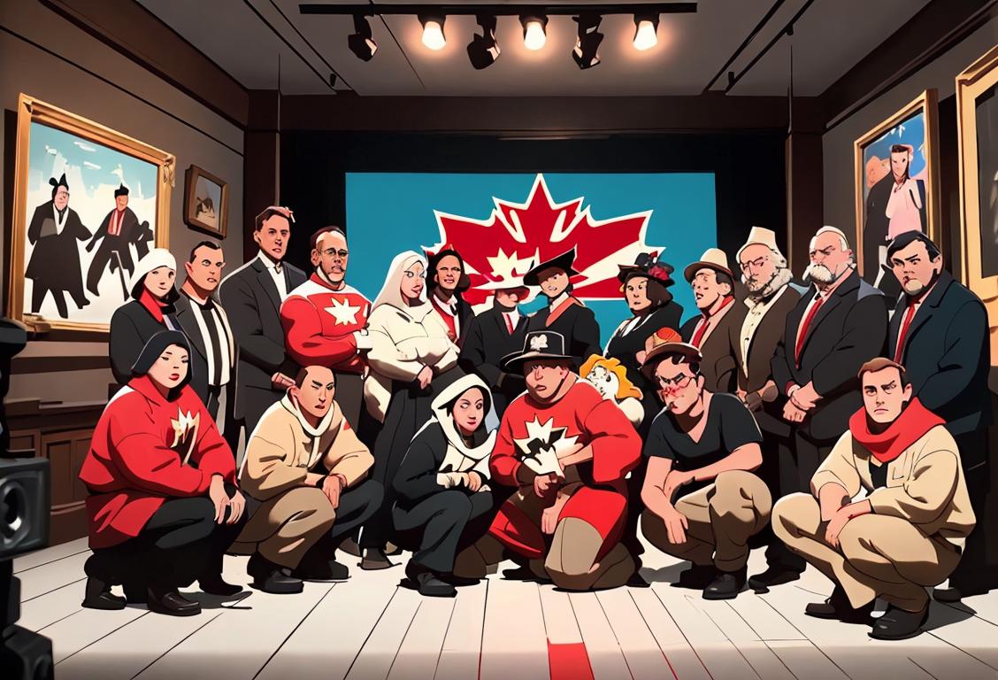 A group of diverse individuals dressed in Canadian film inspired attire, surrounded by iconic Canadian film props, in a bustling film set..