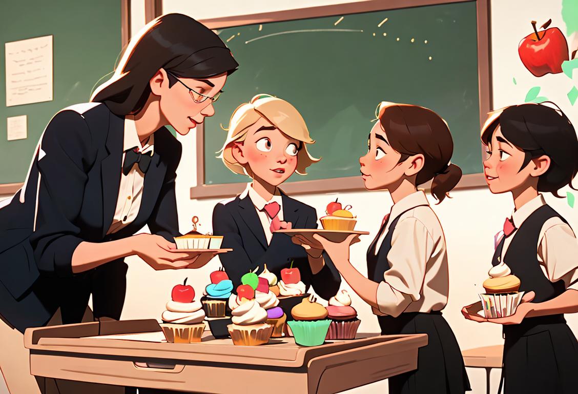 Young students presenting a never-ending tray of cupcakes to their teacher. Classroom filled with chalk dust and apple-scented decorations creates a wholesome celebration scene..