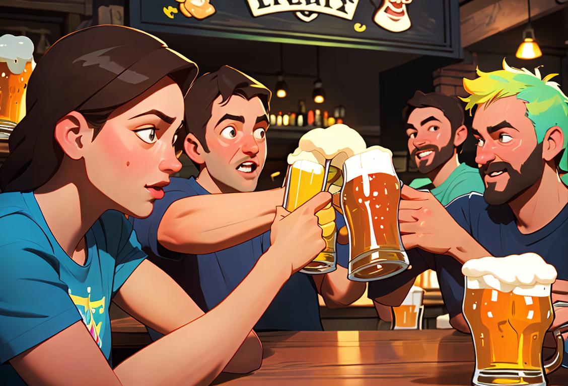 A group of friends toasting with beer mugs, wearing colorful t-shirts, at a lively pub setting..