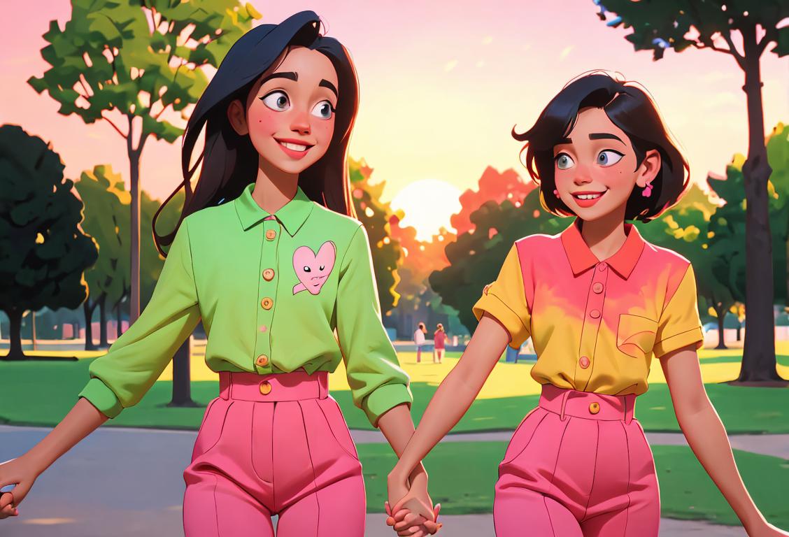 Two friends holding hands and smiling, wearing colorful matching outfits, in a park with a beautiful sunset in the background..