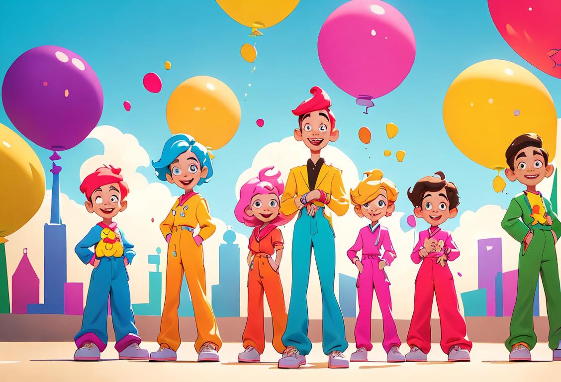 A group of cheerful individuals of various heights, wearing trendy and colorful outfits, standing in front of a backdrop that represents a vibrant city scene. The shorter individuals are seen rocking stylish short clothing, while the taller ones are confidently embracing their height. Each person is surrounded by thought bubbles filled with amusing short-related jokes and stories. The scene captures the spirit of National Throw Short People Day, celebrating humor and camaraderie among people of different heights..