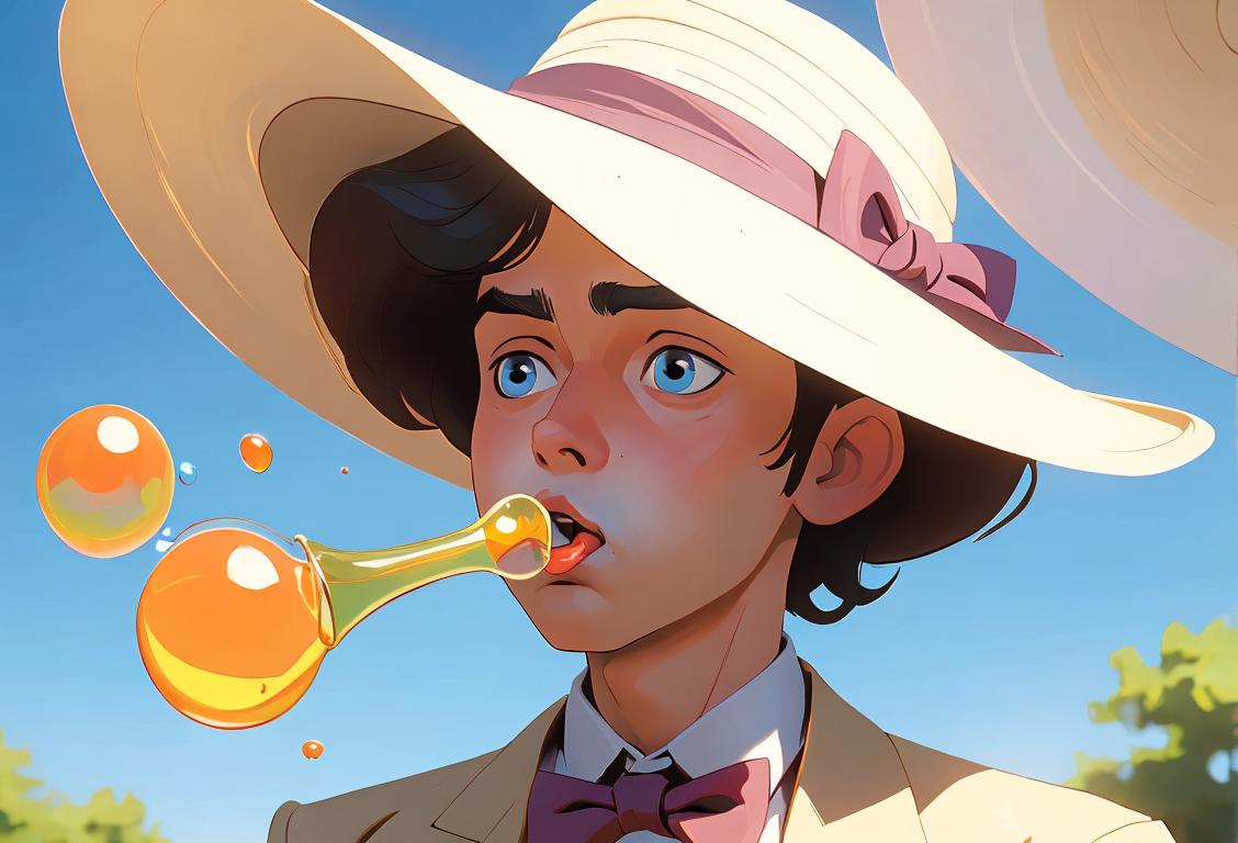 Young boy blowing bubbles, wearing a wide brim hat, vintage summer fashion, sunny park setting..