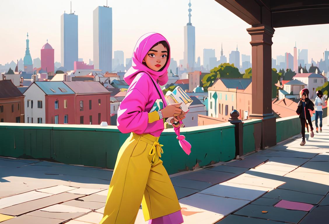 Young people participating in various activities, wearing vibrant attire, trendy fashion, diverse cityscape as the backdrop..