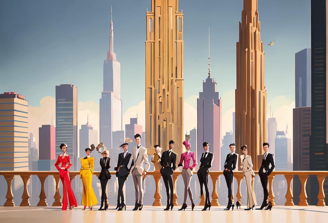 A group of tall friends standing together, dressed in trendy and fashionable outfits. Some of them wearing extra-long shirts and pants, while others rocking stylish high heels. They are surrounded by a vibrant cityscape, highlighting the skyscrapers and stretching towards the sky. The scene depicts a lively celebration of National Tall Person Day, with a mix of humor and admiration for their unique stature..