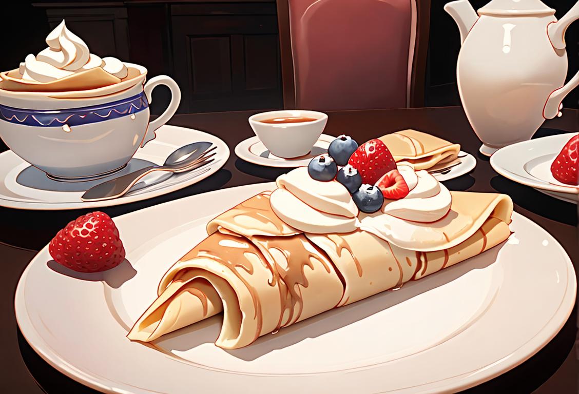 Plate of crepes, topped with powdered sugar and fresh berries, surrounded by a charming French cafe scene..