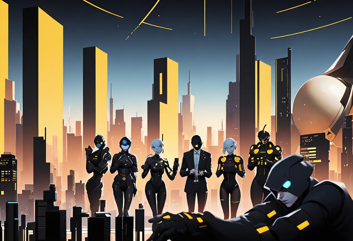 A diverse group of people in modern cyber attire, symbolizing the importance of online security. Cityscape backdrop with binary code elements..